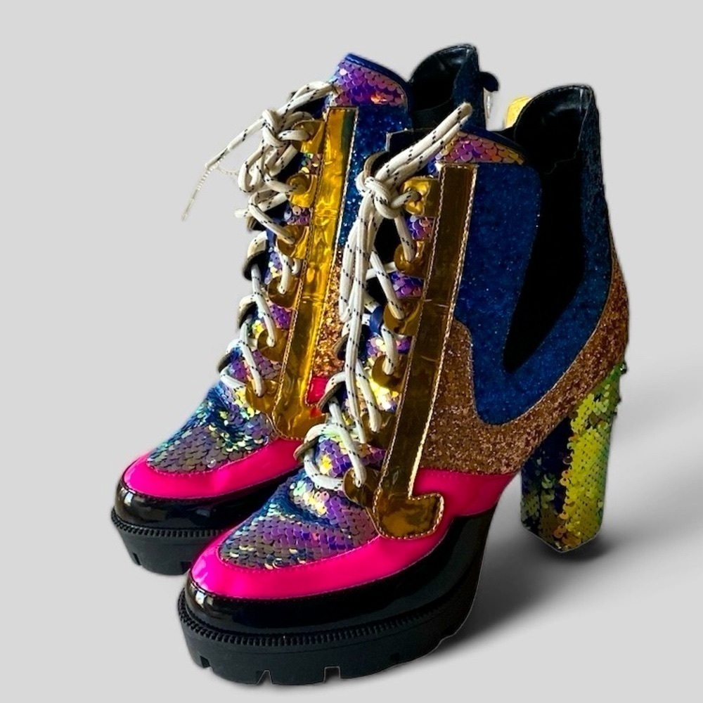 CAPE ROBBIN NELL Glitter High 3.75” Heel Lug Sole Booties